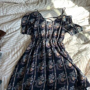 Women's Navy Floral Cold-Shoulder Dress